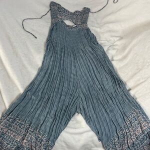 Free People Teal-Blue Printed Halter Wide-Leg Jumpsuit